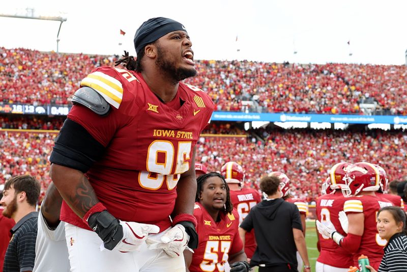Sep 6, 2025; Ames, Iowa, USA; Iowa State Cyclones defensive lineman Domonique Orange (95) reacts late in the second half against the Iowa Hawkeyes at Jack Trice Stadium. Mandatory Credit: Reese Strickland-Imagn Images