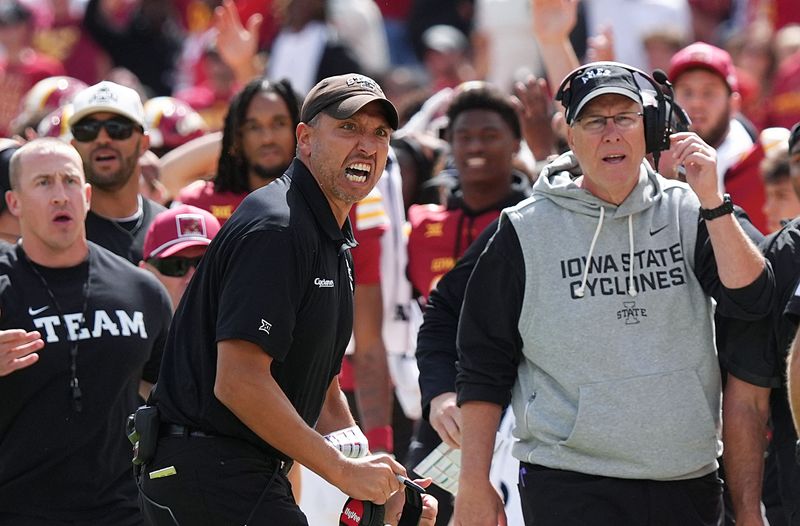 Iowa State Cyclones head coach Matt Campbell and defensive coordinator Jon Heacock reacts during the fourth quarter against Iowa in the Cy-Hawk football at Jack Trice Stadium on Sept. 6, 2025, in Ames, Iowa