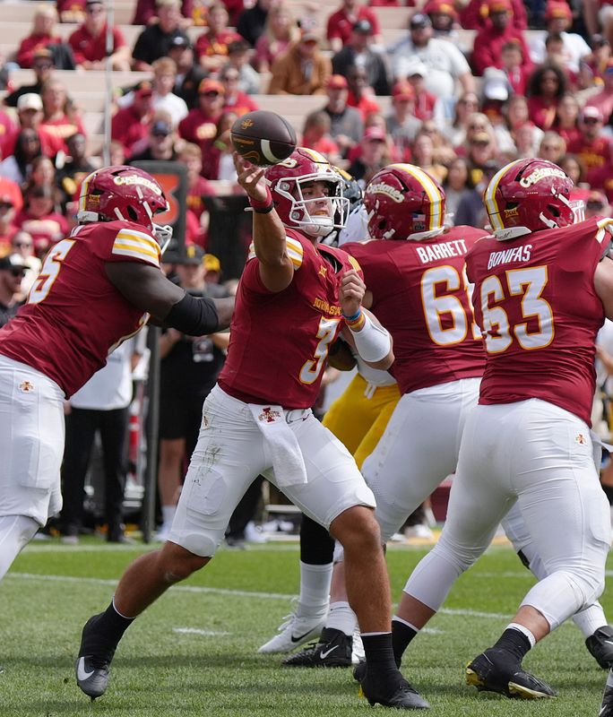 Iowa State Cyclones' quarterback Rocco Becht (3) passes the ball against Iowa during the third quarter in the Cy-Hawk football at Jack Trice Stadium on Sept. 6, 2025, in Ames, Iowa