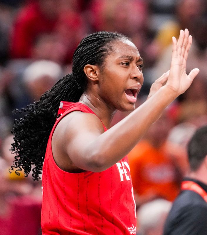 Sep 5, 2025; Indianapolis, Indiana, USA; Indiana Fever forward Aliyah Boston (7) reacts during the first half at Gainbridge Fieldhouse. Mandatory Credit: Grace Smith-USA TODAY Network via Imagn Images