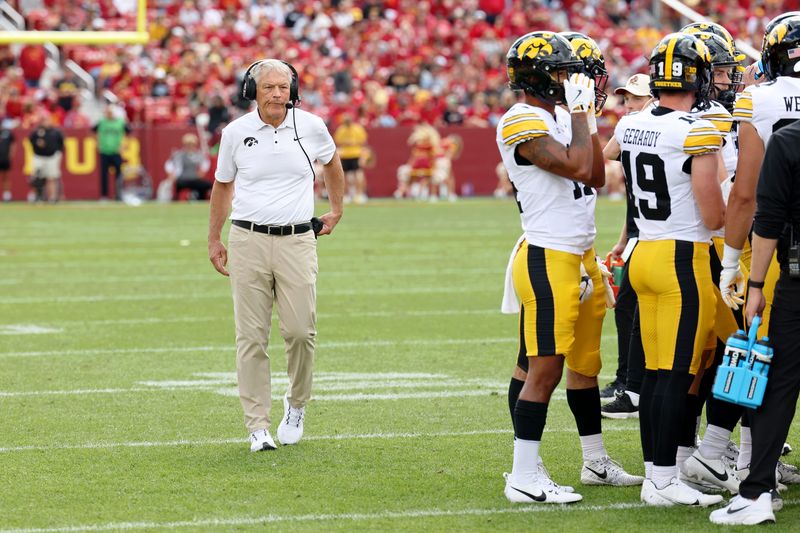 Sep 6, 2025; Ames, Iowa, USA; Iowa Hawkeyes head coach Kirk Ferentz reacts during a timeout during the second half at Jack Trice Stadium. Mandatory Credit: Reese Strickland-Imagn Images