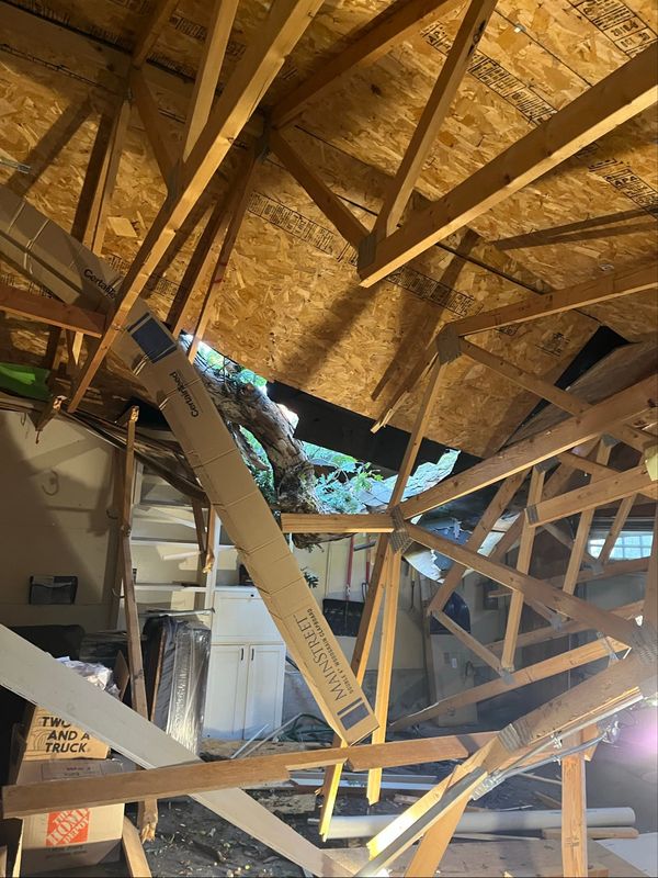 The inside of Rachel Stassen-Berger’s Des Moines garage after an oak limb, heavy with acorns, crashed through the roof.
