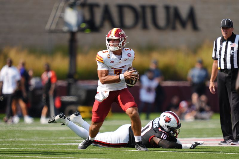 Iowa State football quarterback Rocco Becht looks for receivers during the Cyclones' game at Arkansas State on Saturday, Sept. 13, 2025, in Jonesboro, Ark.