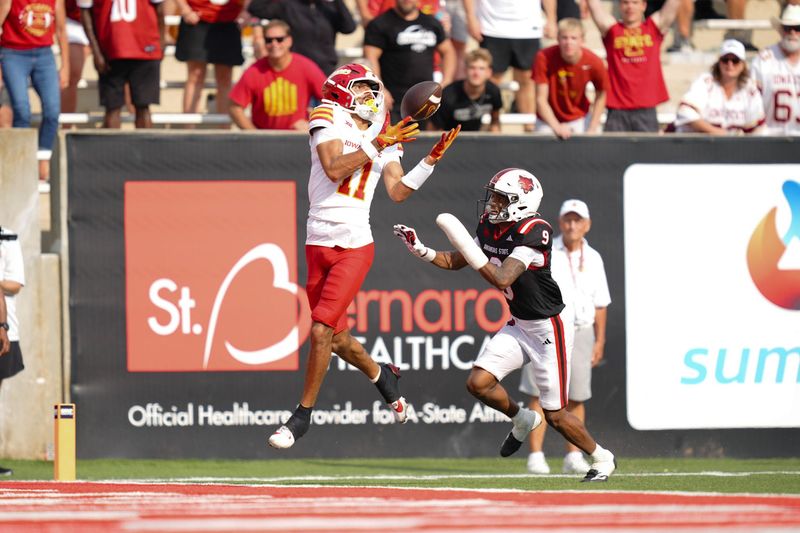 Iowa State football receiver Dominic Overby catches a touchdown pass in the team's game at Arkansas State on Saturday, Sept. 13, 2025.