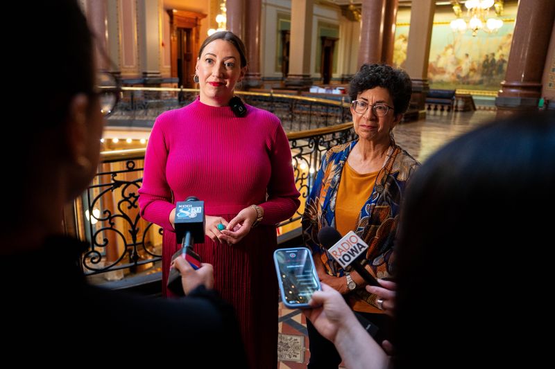 Sen. Catelin Drey and Senate Democratic Leader Janice Weiner take questions from the media after Drey’s swearing into the Iowa State Senate on Sept. 15, 2025, at the Iowa State Capitol.