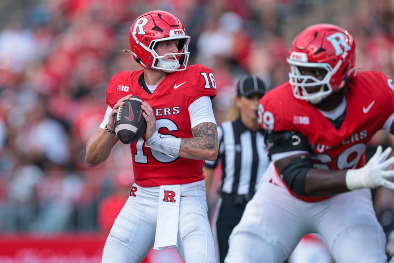 Sep 13, 2025; Piscataway, New Jersey, USA; Rutgers Scarlet Knights quarterback Athan Kaliakmanis (16) looks to pass during the first half against the Norfolk State Spartans at SHI Stadium. Mandatory Credit: Vincent Carchietta-Imagn Images