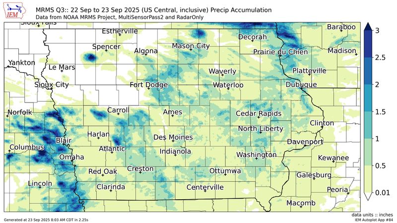 Rainfall totals across Iowa from Sept. 22, 2025 to Sept. 23, 2025.