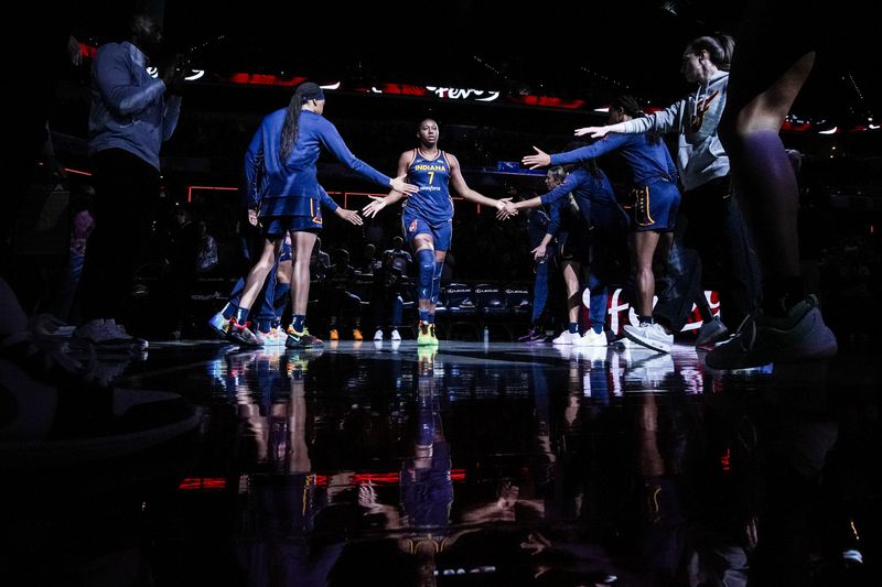 Indiana Fever Aliyah Boston (7) is introduced Saturday, May 3, 2025, during a preseason game between the Indiana Fever and the Washington Mystics at Gainbridge Fieldhouse in Indianapolis. The Indiana Fever defeated the Washington Mystics in overtime, 79-74.