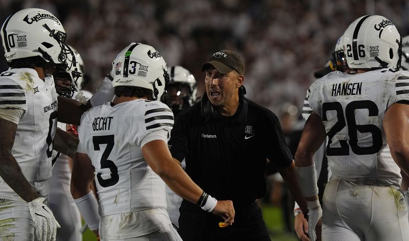 Iowa State football head coach Matt Campbell celebrates with players after a touchdown against Arizona on Sept. 27, 2025, at Jack Trice Stadium in Ames.