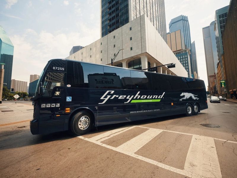 A Greyhound bus is seen in a publicity photo.