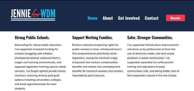 A screenshot taken Monday, Oct. 6 of Jennie Doke-Kerns' since-removed campaign website for a West Des Moines City Council seat shows language that matched word-for-word language on a campaign website of former state Sen. Nate Boulton.
