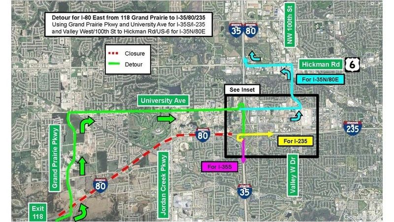Drivers will need a detour when eastbound Interstate 80 is closed between Grand Prairie Parkway and the southwest mixmaster.