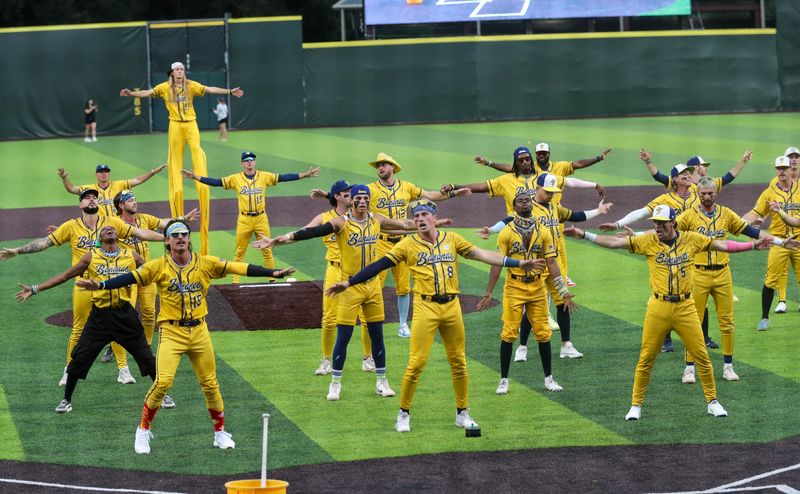 The Savannah Bananas perform before the first game of the Banana Ball Championship series on Thursday, Oct. 2, 2025 at Historic Grayson Stadium.