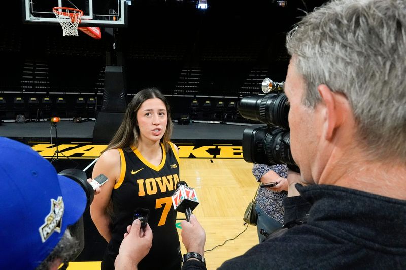 Iowa’s Addie Deal (7) answers questions from journalists during the Iowa women’s basketball media day Oct. 14, 2025 at Carver-Hawkeye Arena in Iowa City, Iowa.