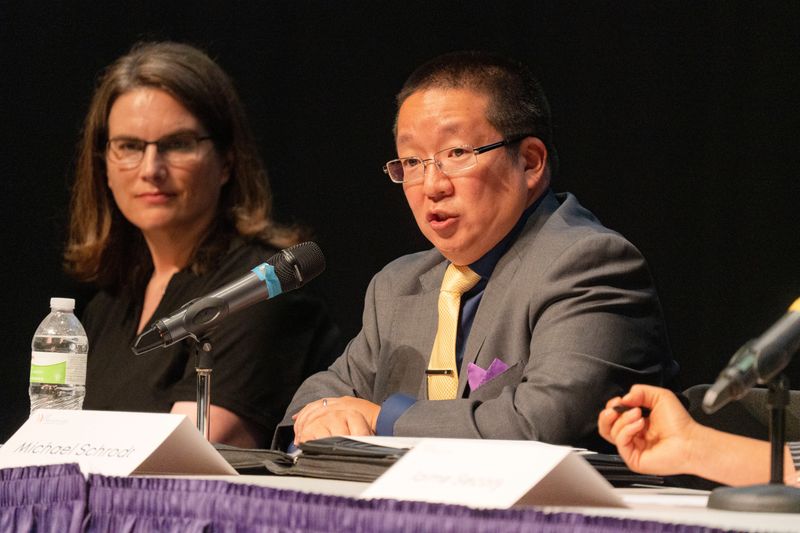 Michael Schrodt, incumbent candidate for Waukee school board, speaks during a candidate forum at Waukee High School on Thursday, Oct. 16, 2025, in Waukee.