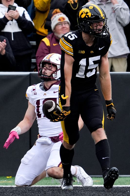 Iowa Hawkeyes wide receiver Reece Vander Zee (15) reacts after scoring a touchdown against the Minnesota Golden Gophers Oct. 25, 2025 at Kinnick Stadium in Iowa City, Iowa.