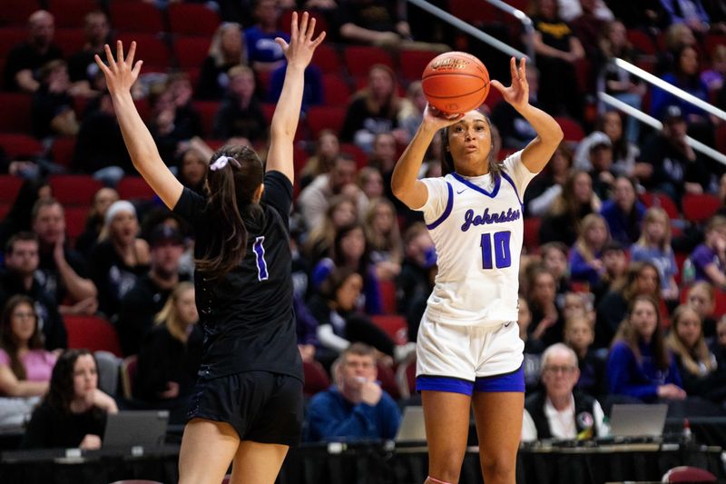Johnston's Jenica Lewis (10) takes a shot over Iowa City Liberty's Ava Casey (1) on Monday, March 3, 2025, at Wells Fargo Arena.