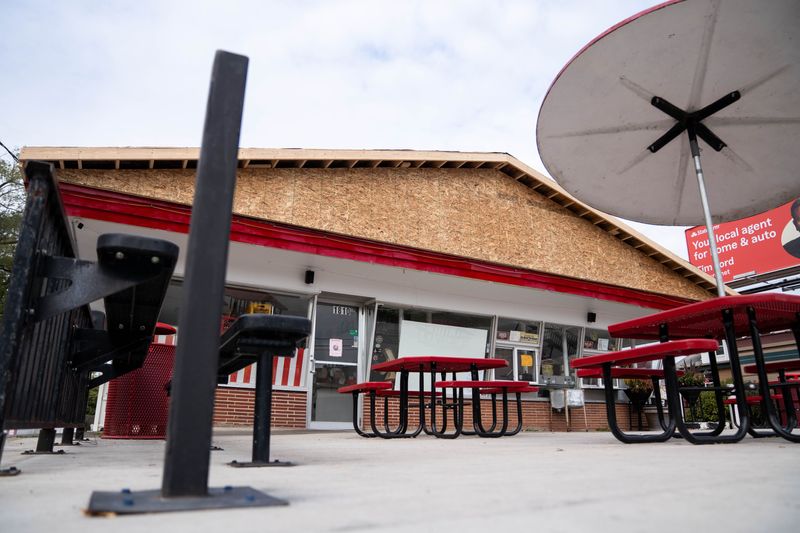 Construction on the new roof at Snookies Malt Shop is seen on Oct. 27, 2025, in Des Moines.