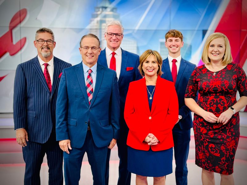 WHO 13's weather team includes meteorologists (from left to right) Jason Parkin, Brad Edwards, chief meterologist Ed Wilson, Jeriann Ritter, Matthew Glanzmann and Megan Salois.