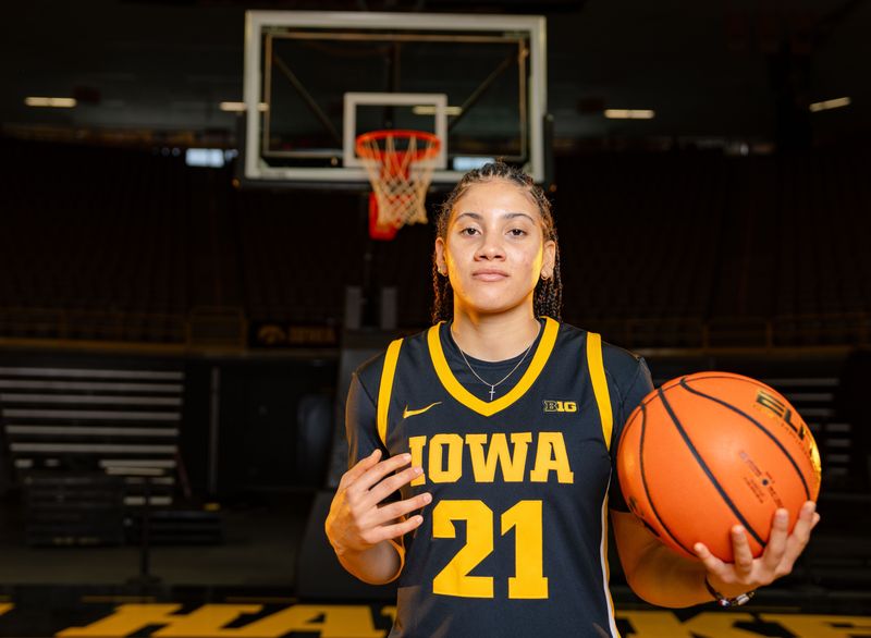 Emely Rodriguez stands for a photo during Iowa Women's Basketball media day at Carver Hawkeye arena in Iowa City, Oct. 14, 2025.