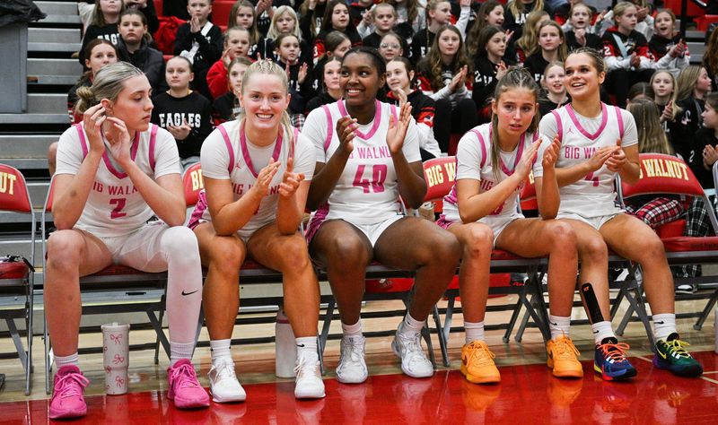 Big Walnut's Denza Allen (left), Lexi Federer, Sydney Mobley, Remy Largent and Jozie Syroka wait to be introduced Jan. 24, 2025, at Big Walnut. (photo by John Hulkenberg)