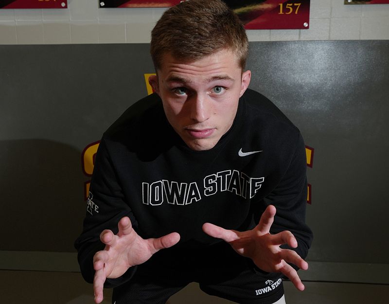 Iowa State 197-pound wrestler Rocky Elam poses during the university wrestling media day at the Lied Recreation Athletic Center on Oct. 28, 2025, in Ames, Iowa.