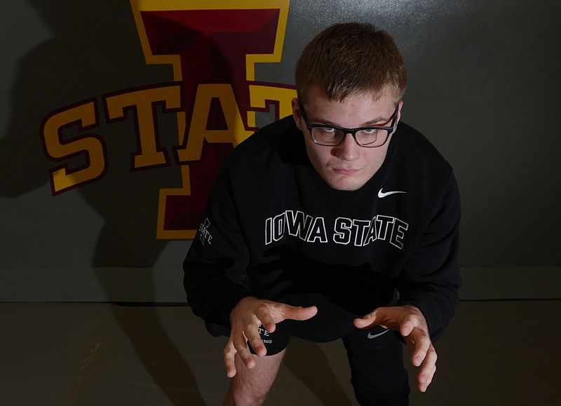 Iowa State 165-pound wrestler Connor Euton poses during the university wrestling media day at the Lied Recreation Athletic Center on Oct. 28, 2025, in Ames, Iowa.