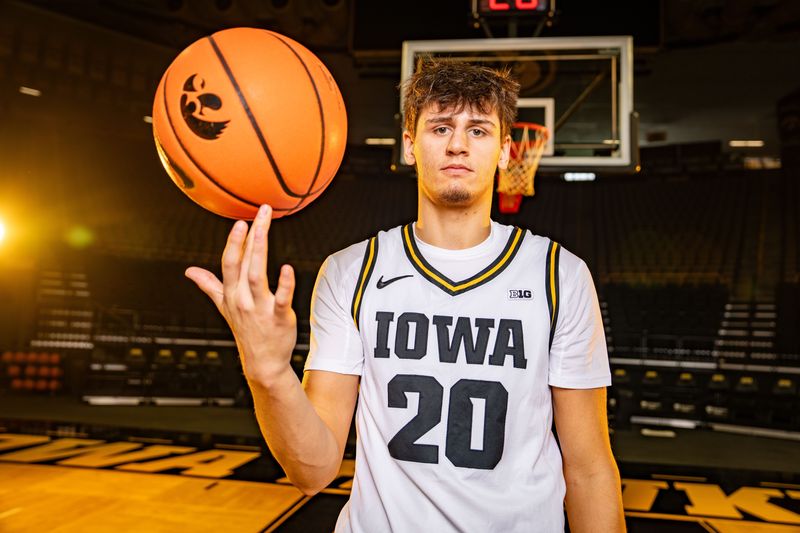 Trey Thompson stands for a photo during Iowa Men's Basketball media day at Carver Hawkeye arena in Iowa City, Oct. 15, 2025.