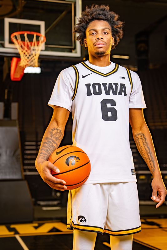Tavion Banks stands for a photo during Iowa Men's Basketball media day at Carver Hawkeye arena in Iowa City, Oct. 15, 2025.