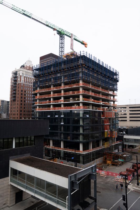 515 Walnut Street is seen during a pause in construction on Wednesday, Oct. 29, 2025, in Des Moines.