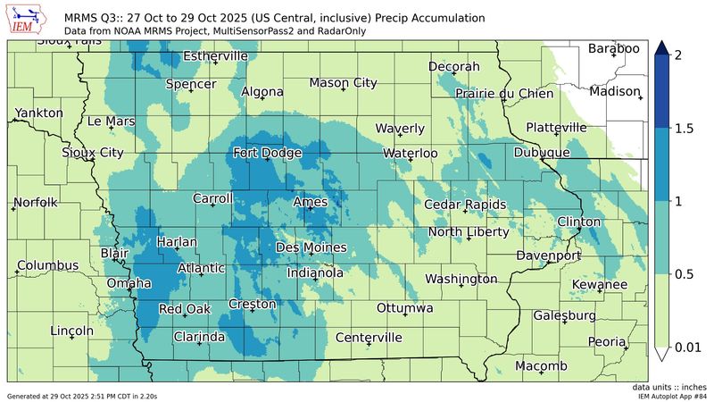 Most of Iowa saw measurable rain from Oct. 27, 2025 to Oct. 29, 2025 with more than one inch falling in some parts of central Iowa.