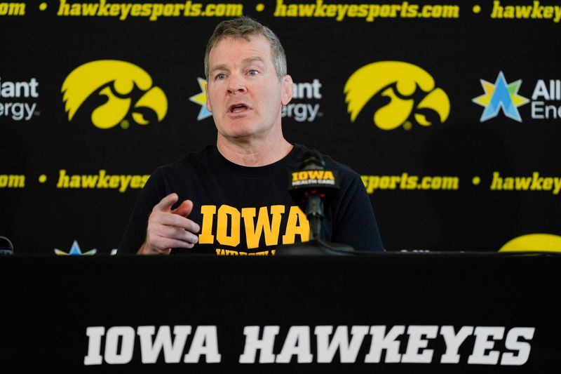 Head coach Tom Brands answers questions at a press conference during the Iowa men’s wrestling team media day Oct. 29, 2025 in Iowa City, Iowa.