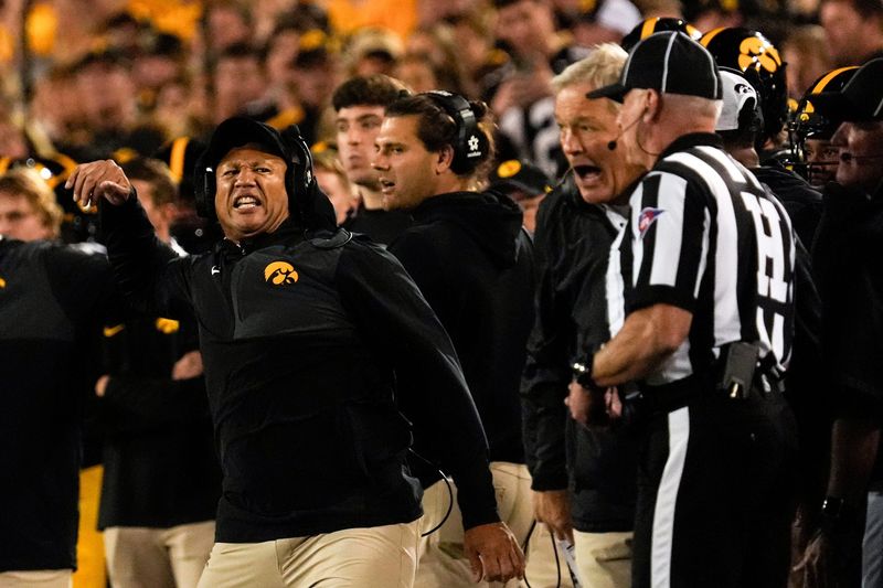 Iowa Special Teams Coordinator LeVar Woods reacts during a college football game Oct. 18, 2025 at Kinnick Stadium in Iowa City, Iowa.