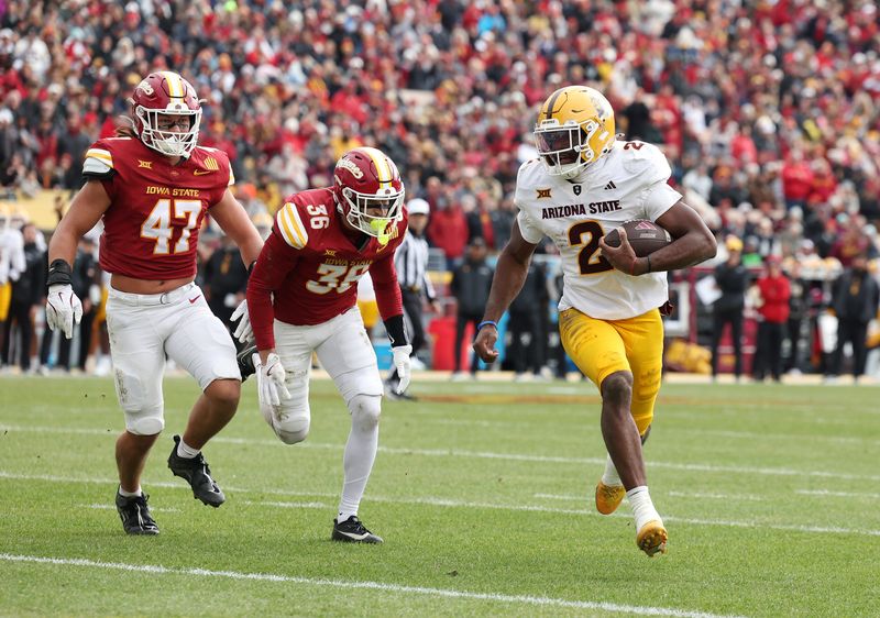 Nov 1, 2025; Ames, Iowa, USA; Arizona State Sun Devils quarterback Jeff Sims (2) runs the football against the Iowa State Cyclones during the first half at Jack Trice Stadium. Mandatory Credit: Reese Strickland-Imagn Images