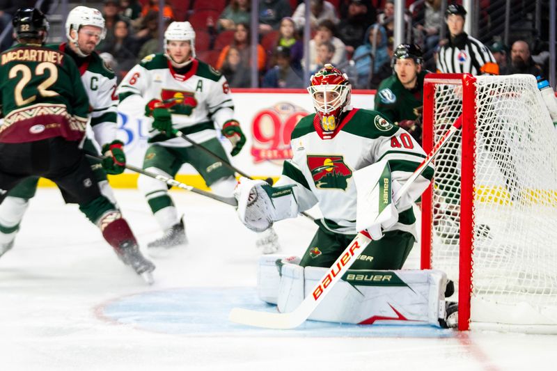 Iowa Wild goalie Cal Petersen (40) sits in goal during a game against Tucson on Nov. 1, 2025, at Casey’s Center in downtown Des Moines.