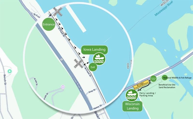 A map of the ferry landing in Lansing, Iowa, while the Black Hawk Bridge is closed for demolition.
