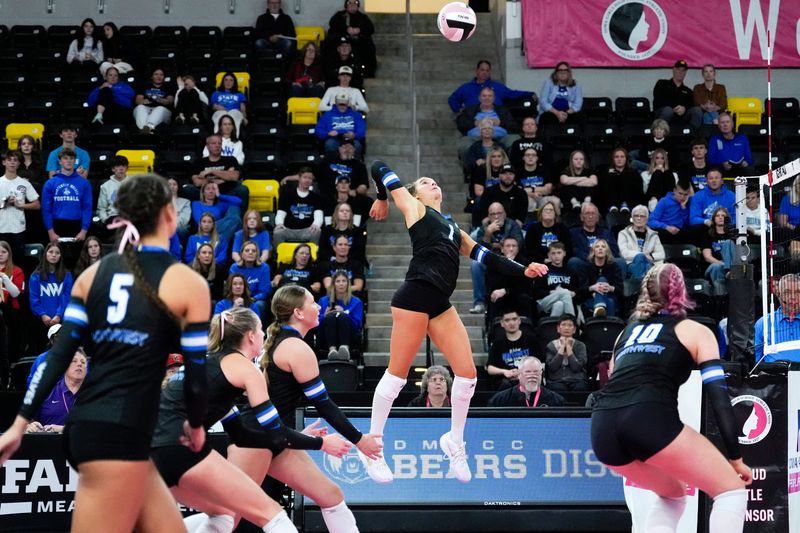 Waukee Northwest's Leah Janulewicz (1) attacks Nov. 3, 2025 during the Class 5A Iowa high school state volleyball quarterfinals against Indianola at Xtream Arena in Coralville, Iowa.
