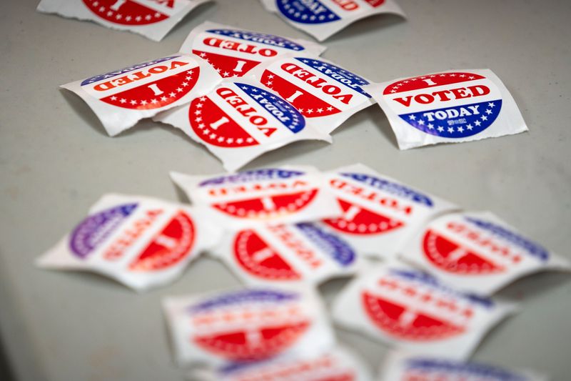 Voting stickers are seen at the East Side Library during Election Day on Tuesday, Nov. 4, 2025, in Des Moines.