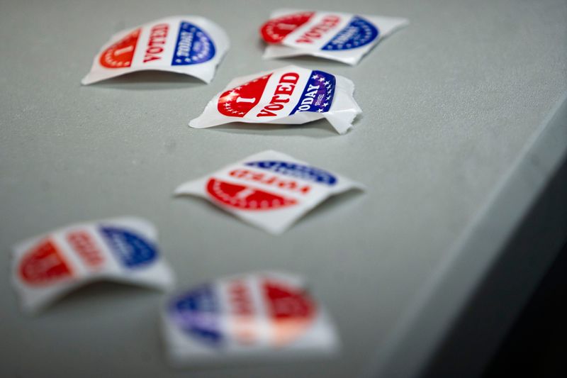 Voting stickers are seen at the East Side Library during Election Day on Tuesday, Nov. 4, 2025, in Des Moines.