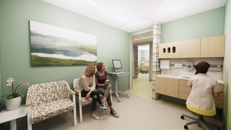 An architect's rendering of a patient exam room at SAFE Center of Iowa's new standalone sexual assault treatment center, expected to open in Spring 2026 at 3200 Grand Ave. in Des Moines.