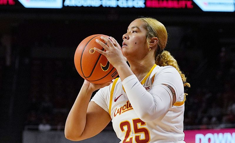 Iowa State Cyclones' guard/forward Sydney Harris (25) takes a three-point shot against Southern during the first quarter on Nov. 5, 2025, at Hilton Coliseum, Ames.