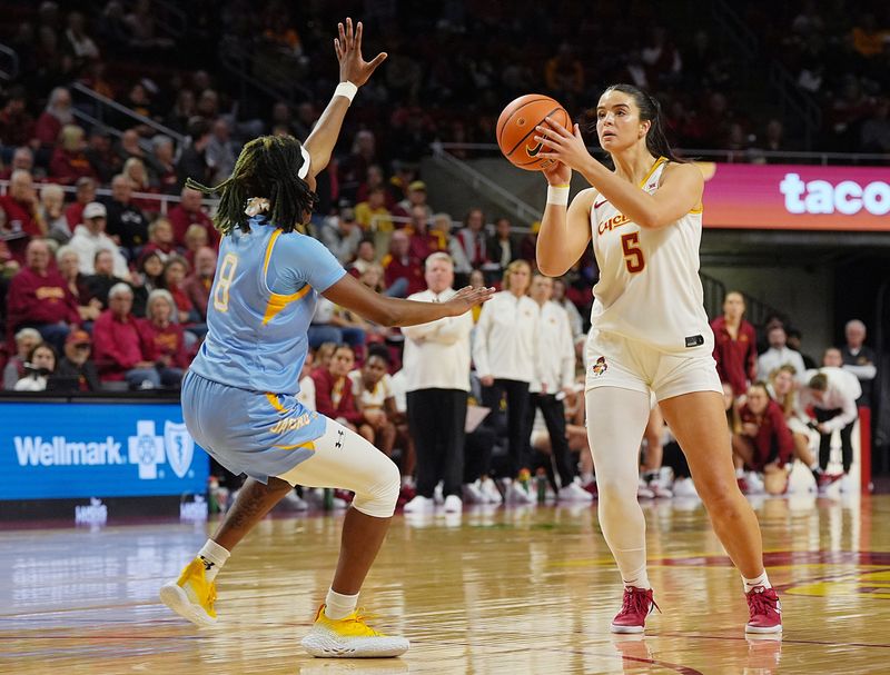Iowa State Cyclones' guard Evangelia Paulk (5) takes a three-point shot over Southern Lady Jaguars guard Mykayla Cunningham (8) during the first quarter on Nov. 5, 2025, at Hilton Coliseum, Ames.