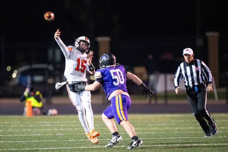 Valley’s Drake DeGroote (15) throws the ball to an open receiver on Nov. 7, 2025, at Johnston High School.