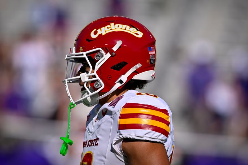 Nov 8, 2025; Fort Worth, Texas, USA; A view of the helmet of Iowa State Cyclones wide receiver Carson Brown (10) before the game against the TCU Horned Frogs at Amon G. Carter Stadium. Mandatory Credit: Jerome Miron-Imagn Images