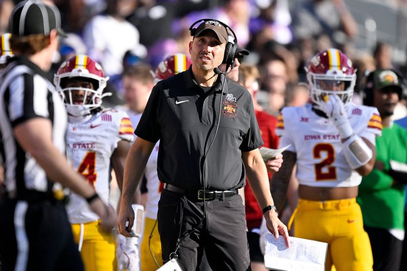 Nov 8, 2025; Fort Worth, Texas, USA; Iowa State Cyclones head coach Matt Campbell looks on during the first half against the TCU Horned Frogs at Amon G. Carter Stadium. Mandatory Credit: Jerome Miron-Imagn Images