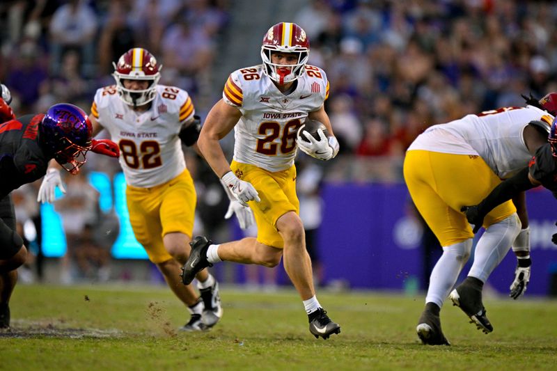 Nov 8, 2025; Fort Worth, Texas, USA; Iowa State Cyclones running back Carson Hansen (26) runs with the ball against the TCU Horned Frogs during the second half at Amon G. Carter Stadium. Mandatory Credit: Jerome Miron-Imagn Images