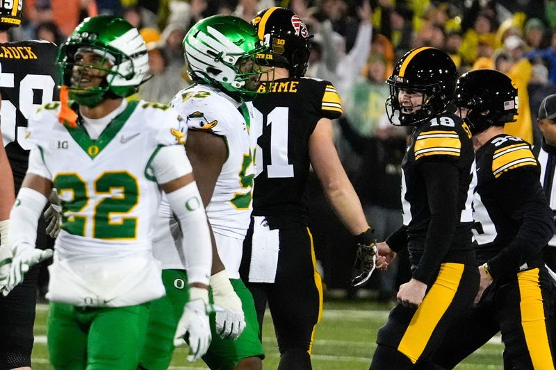 Iowa Hawkeyes kicker Drew Stevens (18) reacts after making a field goal from near midfield Nov. 8, 2025, during a Big Ten Football game at Kinnick Stadium in Iowa City, Iowa.