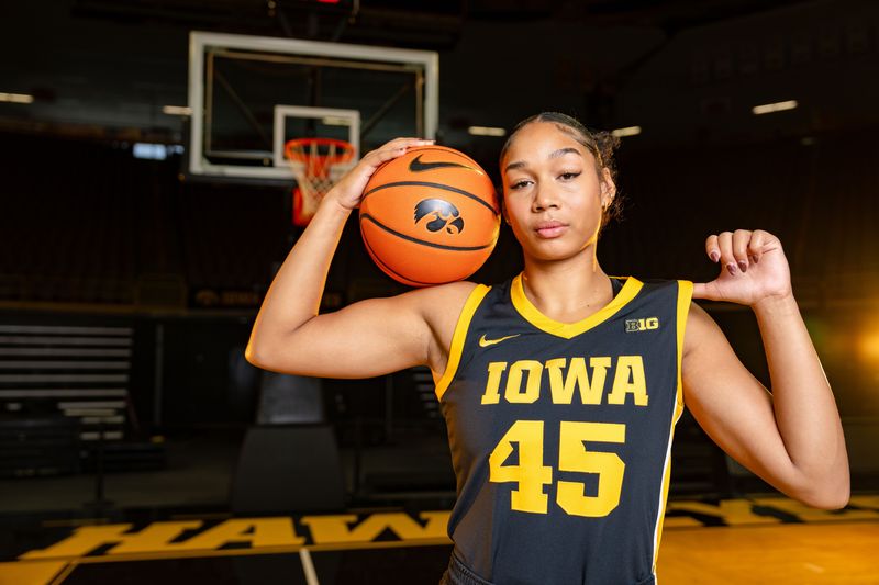 Hannah Stuelke stands for a photo during Iowa Women's Basketball media day at Carver Hawkeye arena in Iowa City, Oct. 14, 2025.
