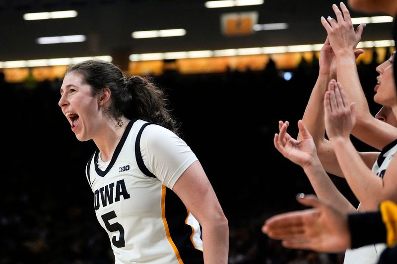 Iowa center Ava Heiden (5) reacts Nov. 9, 2025 during a women’s basketball game against the Evansville Purple Aces at Carver-Hawkeye Arena in Iowa City, Iowa.