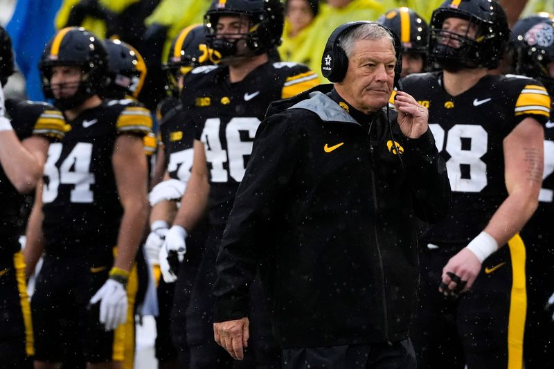 Iowa Hawkeyes head coach Kirk Ferentz is pictured on the sidelines Nov. 8, 2025 before a Big Ten Football game against the Oregon Ducks at Kinnick Stadium in Iowa City, Iowa.